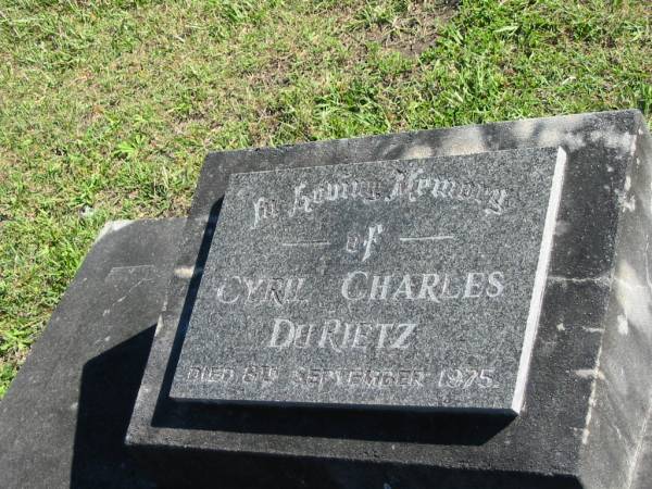 Cyril Charles DU RIETZ,  | died 8 Sept 1975;  | Woodford Cemetery, Caboolture  | 