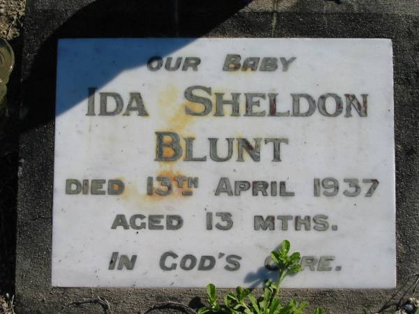 Ida Sheldon BLUNT, baby,  | died 13 April 1937 aged 13 months;  | Woodford Cemetery, Caboolture  | 