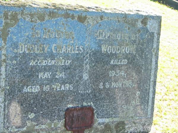 Dudley Charles WOODROW,  | accidentally killed 24 May 1934  | aged 16 years & 8 months;  | Woodford Cemetery, Caboolture  | 