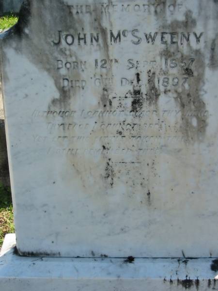 John MCSWEENEY,  | born 12 Sept 1857 died 6 Dec 1897;  | Woodford Cemetery, Caboolture  | 