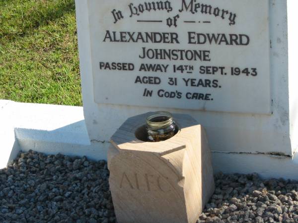 Alexander Edward JOHNSTONE,  | died 14 Sept 1943 aged 31 years;  | Woodford Cemetery, Caboolture  | 