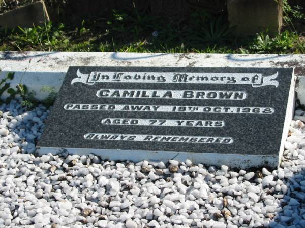 Camilla BROWN,  | died 19 Oct 1968 aged 77 years;  | Woodford Cemetery, Caboolture  | 