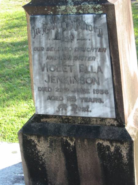 Violet Ella JENKINSON, daughter sister,  | died 22 June 1936 aged 23 years;  | Woodford Cemetery, Caboolture  | 