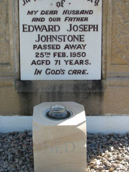 Edward (Ned) Joseph JOHNSTONE, husband father,  | died 25 Feb 1950 aged 71 years;  | Woodford Cemetery, Caboolture  | 