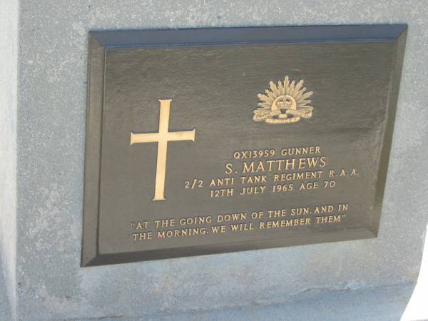 S. MATTHEWS,  | 12 July 1965 aged 70;  | Woodford Cemetery, Caboolture  | 