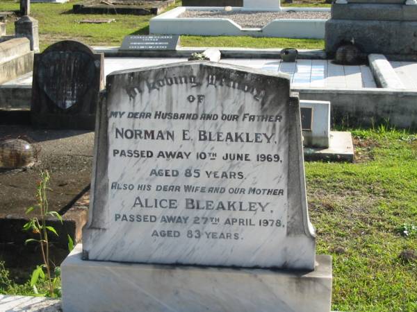 Norman E. BLEAKLEY, husband father,  | died 10 June 1969 aged 85 years;  | Alice BLEAKLEY, wife mother,  | died 27 April 1978 aged 83 years;  | Woodford Cemetery, Caboolture  | 