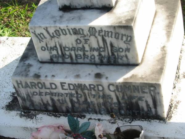 Harold Edward CUMNER, son brother,  | died 11 May 1950 aged 1 year 8 months;  | Woodford Cemetery, Caboolture  | 