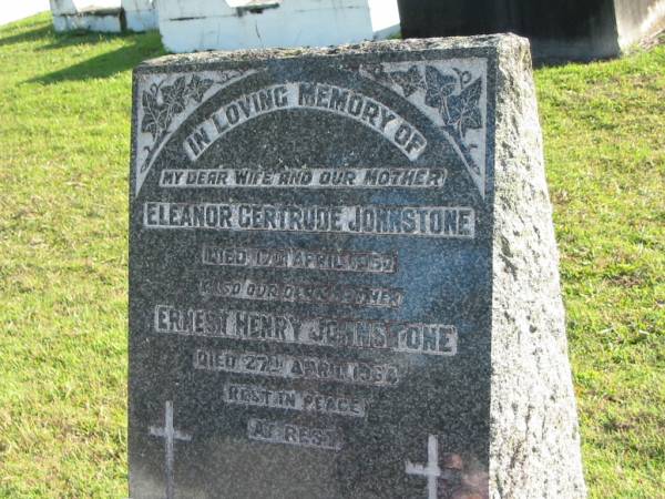 Eleanor Gertrude JOHNSTONE, wife mother,  | died 17 April 1957;  | Ernest Henry JOHNSTONE, father,  | died 27 April 1964;  | Woodford Cemetery, Caboolture  | 