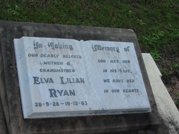 Elva Lilian RYAN, mother grandmother,  | 28-9-28 - 19-12-83;  | Woodford Cemetery, Caboolture  | 