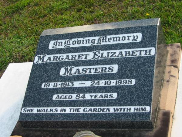 Margaret Elizabeth MASTERS,  | 19-11-1913 - 24-10-1998 aged 84 years;  | Woodford Cemetery, Caboolture  | 