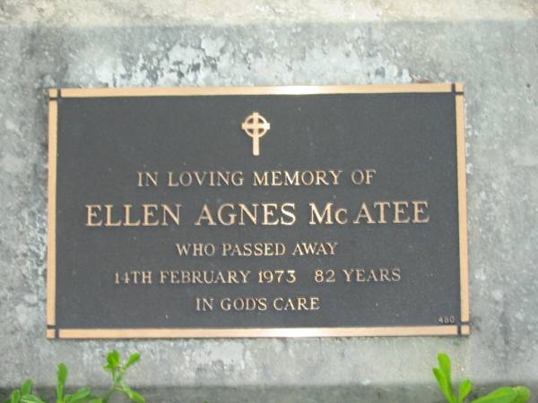Ellen Agnes MCATEE,  | died 14 Feb 1973 aged 82 years;  | Woodford Cemetery, Caboolture  | 
