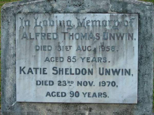 Alfred Thomas UNWIN,  | died 31 Aug 1958 aged 85 years;  | Katie Sheldon UNWIN,  | died 23 Nov 1970 aged 90 years;  | Woodford Cemetery, Caboolture  | 