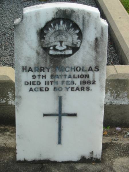Harry NICHOLAS,  | died 11 Feb 1962 aged 80 years;  | Woodford Cemetery, Caboolture  | 