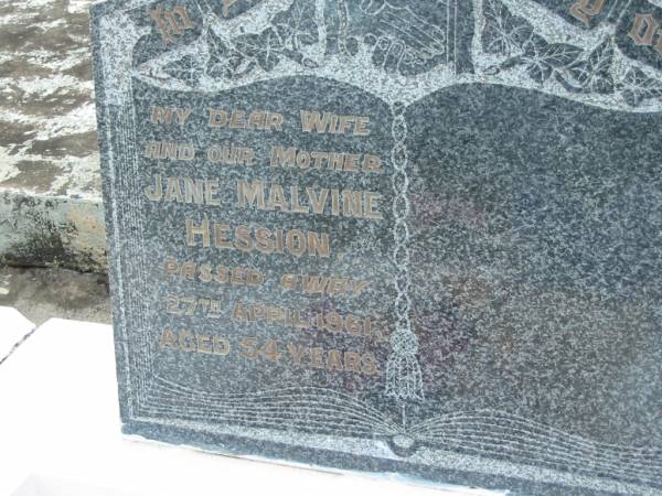 Jane Malvine HESSION, wife mother,  | died 27 April 1961 aged 54 years;  | Woodford Cemetery, Caboolture  | 