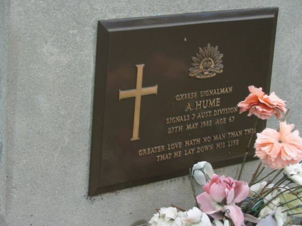 A. HUME,  | died 27 May 1985 aged 67 years;  | Woodford Cemetery, Caboolture  | 