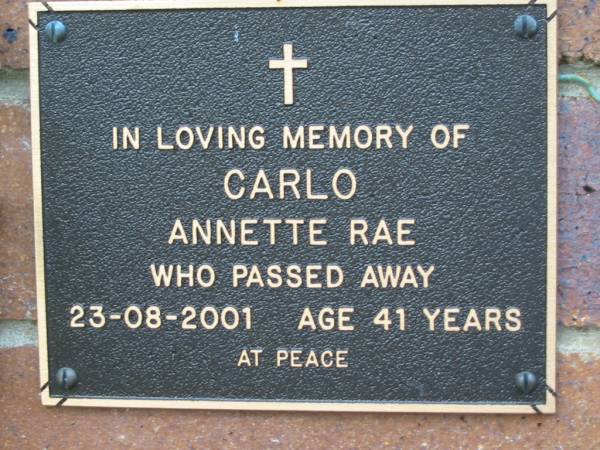 Annette Rae CARLO,  | died 23-8-2001 aged 41 years;  | Woodford Cemetery, Caboolture  | 