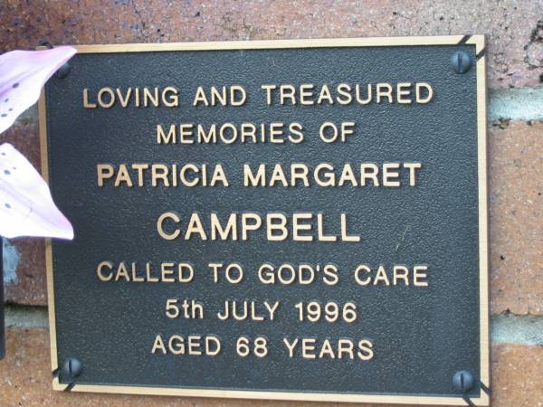 Patricia Margaret CAMPBELL,  | died 5 July 1996 aged 68 years;  | Woodford Cemetery, Caboolture  | 