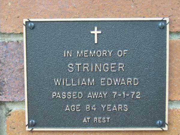 William Edward STRINGER,  | died 7-1-72 aged 84 years;  | Woodford Cemetery, Caboolture  | 