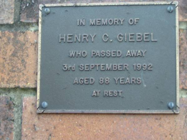 Henry C. GIEBEL,  | died 3 Sept 1992 aged 88 years;  | Woodford Cemetery, Caboolture  | 