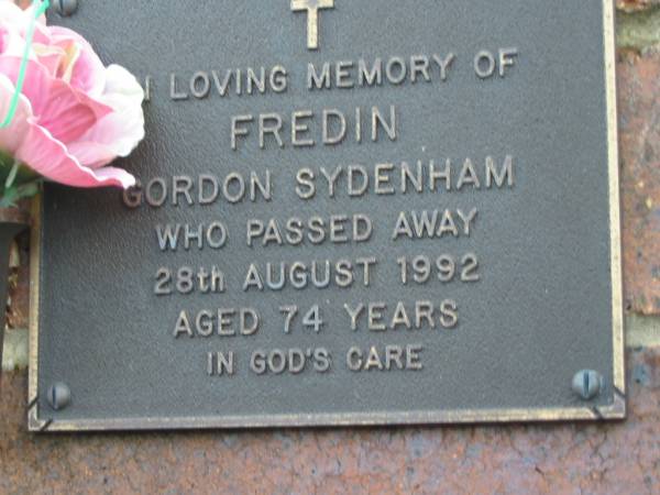 Gordon Sydenham FREDIN,  | died 28 Aug 1992 aged 74 years;  | Woodford Cemetery, Caboolture  | 