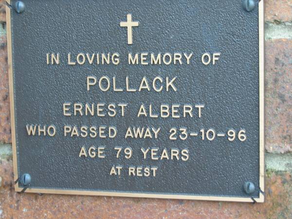 Ernest Albert POLLACK,  | died 23-10-96 aged 79 years;  | Woodford Cemetery, Caboolture  | 