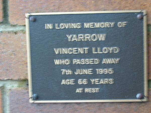 Vincent Lloyd YARROW,  | died 7 June 1995 aged 66 years;  | Woodford Cemetery, Caboolture  | 