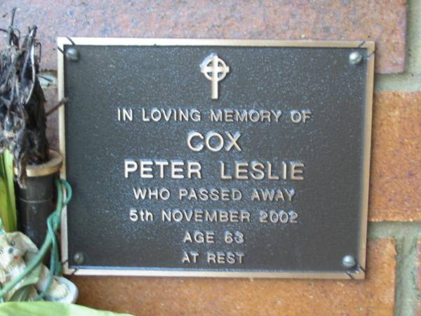 Peter Leslie COX,  | died 5 Nov 2002 aged 63 years;  | Woodford Cemetery, Caboolture  | 