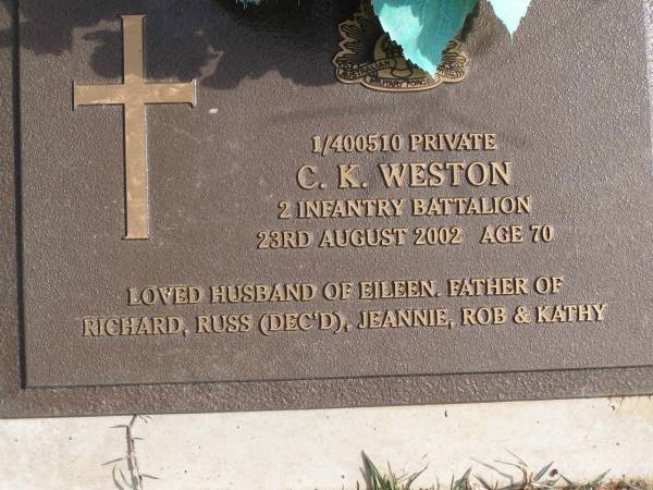 C.K. Weston  | 23 Aug 2002, aged 70  | (husband of Eileen, father of Richard, Russ (deceased), Jeannie, Rob, Kathy)  | Woodhill cemetery (Veresdale), Beaudesert shire  |   | 