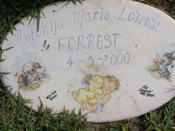 Antonya Marie Louise FORREST  | 4 May 2000  | Woodhill cemetery (Veresdale), Beaudesert shire  |   | 