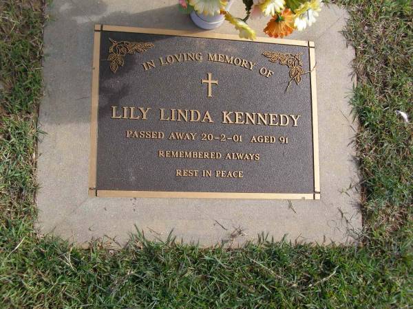 Lily Linda KENNEDY  | 20 Feb 2001, aged 91  | Woodhill cemetery (Veresdale), Beaudesert shire  |   | 