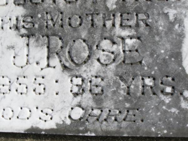 Joseph A ROSE  | 20 Jan 1966, aged 64  | (mother) Ann J ROSE  | 9 Dec 1955, aged 86  | Woodhill cemetery (Veresdale), Beaudesert shire  |   | 