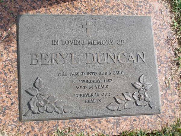 Beryl Duncan  | 1 Feb 1992, aged 64  | Woodhill cemetery (Veresdale), Beaudesert shire  |   | 