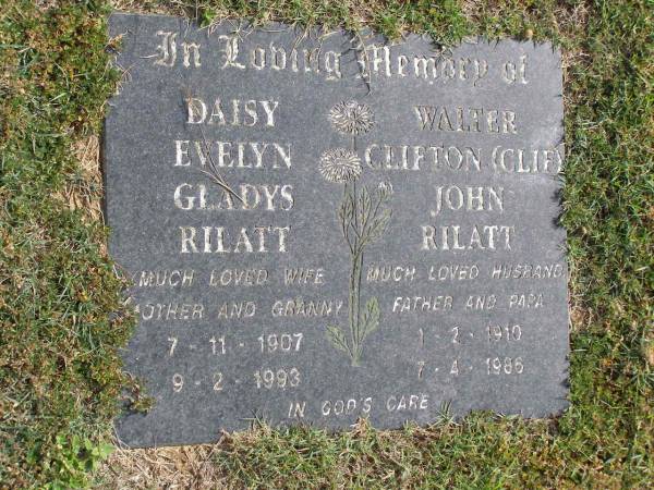 Daisy Evelyn Gladys Rilatt  | b: 7 Nov 1907, d: 9 Feb 1993  | Walter Clifton (Clif) John Rilatt  | b: 1 Feb 1910, d: 7 Apr 1986  | Woodhill cemetery (Veresdale), Beaudesert shire  |   | 