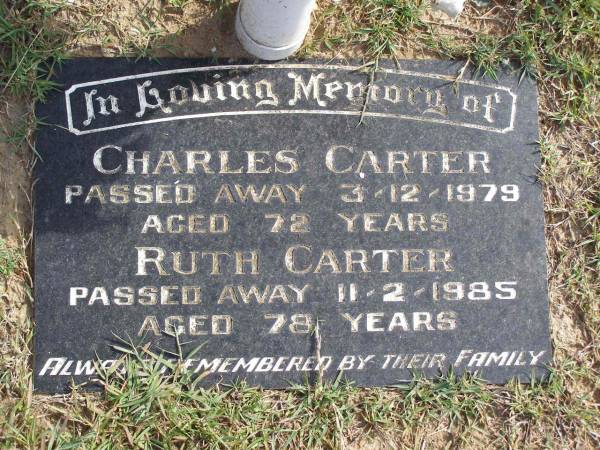 Charles Carter  | d: 3 Dec 1979, aged 72  | Ruth Carter  | d: 11 Feb 1985, aged 78  | Woodhill cemetery (Veresdale), Beaudesert shire  |   | 