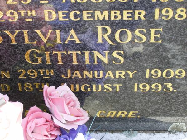 Roy Percival Gittins  | b: 29 Aug 1902, d: 29 Dec 1987  | Sylvia Rose Gittins  | B: 29 Jan 1909, D: 18 Aug 1993  | Woodhill cemetery (Veresdale), Beaudesert shire  |   | 