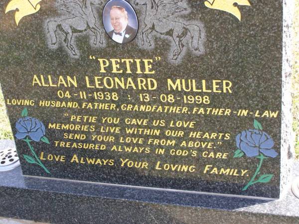  Petie  Allan Leonard Muller  | b: 4 Nov 1938, d: 13 Aug 1998  | Woodhill cemetery (Veresdale), Beaudesert shire  |   | 