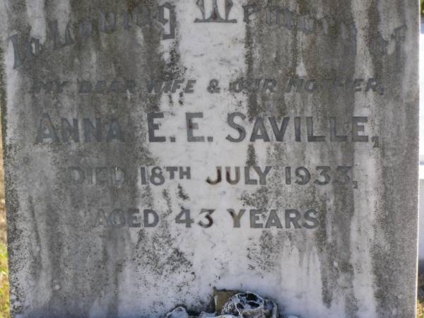 Anna E E Saville  | 18 Jul 1933, aged 43  | Thomas Saville  | 14 May 1969, aged 90  | Woodhill cemetery (Veresdale), Beaudesert shire  |   | 