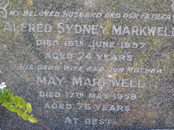 Alfred Sydney Markwell  | d: 19 Jun 1957, aged 74  | May Markwell  | 17 May 1958, aged 76  | Woodhill cemetery (Veresdale), Beaudesert shire  |   | 