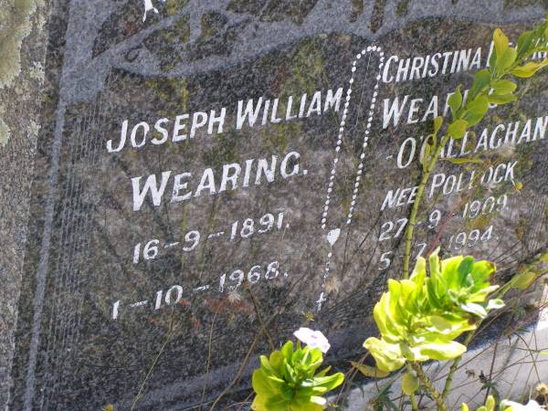 Joseph William Wearing  | b: 16 Sep 1891, d: 1 Oct 1968  | Christina Beatrice Wearing - O'Callaghan (nee Pollock)  | b: 27 Sep 1909, d: 5 Jul 1994  | Woodhill cemetery (Veresdale), Beaudesert shire  |   |   | 