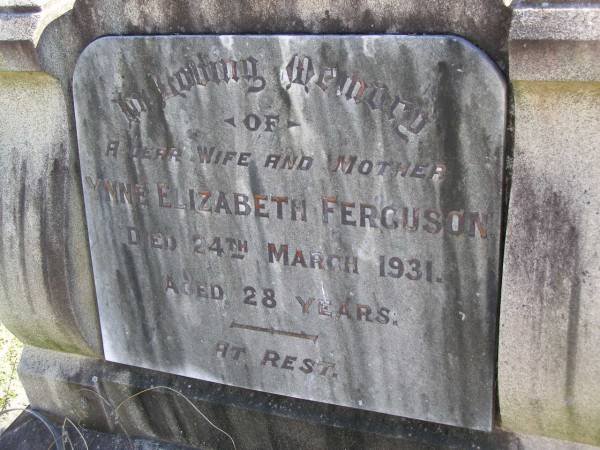 Ynne Elizabeth Ferguson  | 24 Mar 1931, aged 28  | Woodhill cemetery (Veresdale), Beaudesert shire  |   | 
