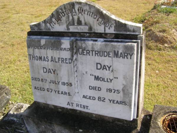 Thomas Alfred DAY  | d: 8 Jul 1955, aged 67  | Gertrude Mary DAY  Molly   | d: 1975, aged 82  | Woodhill cemetery (Veresdale), Beaudesert shire  |   | 
