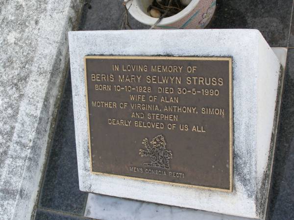 Arthur Peter Sruss  | b: 16 Sep 1891, d: 13 Jul 1936  | Rita Drynan  | b: Jan 1918, d: Mar 1957  | Betty Struss  | b: May 1916, d: Jun 1921  | Beris Mary Selwyn Struss  | b: 10 Oct 1928, d: 30 May 1990  | (wife of Alan, mother of Virginia, Anthony, Simon, Stephen)  | Woodhill cemetery (Veresdale), Beaudesert shire  |   | 