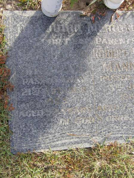 Sarah Jane Manning  | 21 Oct 1983, aged 92  | Robert Allan Manning  | 3 Jun 1961, aged 72  | Woodhill cemetery (Veresdale), Beaudesert shire  |   | 