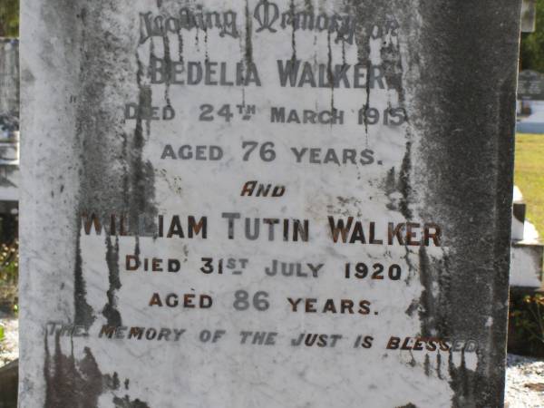 Bedelia Walker  | 24 Mar 1915, aged 76  | William Tutin Walker  | 31 Jul 1920, aged 86  | Woodhill cemetery (Veresdale), Beaudesert shire  |   | 