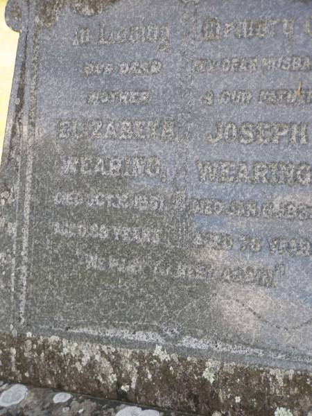 Elizabeth Wearing  | d: 13 Oct 1951, aged 69  | Joseph Wearing  | d: 6 Jan 1936, aged 78  | Woodhill cemetery (Veresdale), Beaudesert shire  |   | 