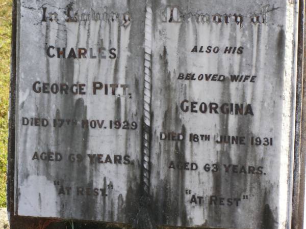 Charles George Pitt  | 17 Nov 1929, aged 69  | (wife) Georgina (Pitt)  | 18 Jun 1931, aged 63  | Woodhill cemetery (Veresdale), Beaudesert shire  |   | 