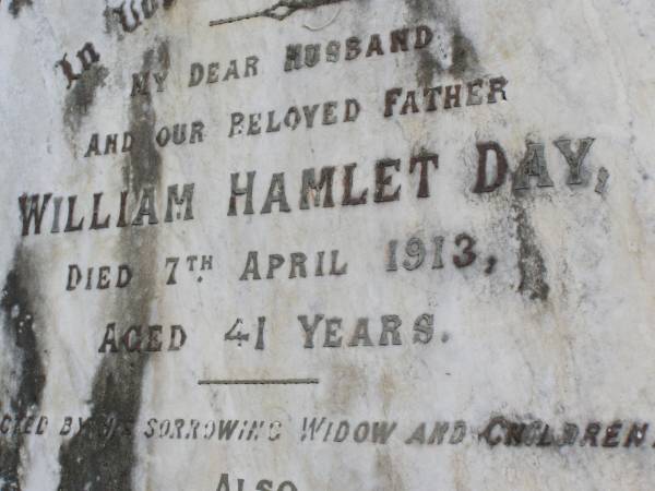 William Hamlet Day  | 7 Apr 1913, aged 41  | Annie Day  | 14 Apr 1966, aged 90  | Woodhill cemetery (Veresdale), Beaudesert shire  |   | 