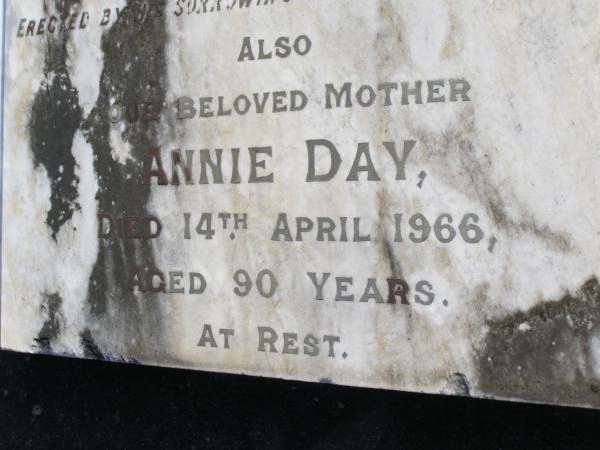 William Hamlet Day  | 7 Apr 1913, aged 41  | Annie Day  | 14 Apr 1966, aged 90  | Woodhill cemetery (Veresdale), Beaudesert shire  |   | 