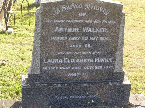 Arthur Walker  | 11 May 1944, aged 68  | Laura Elizabeth Minnie (Walker)  | 20 Oct 1975, aged 96  | Woodhill cemetery (Veresdale), Beaudesert shire  |   | 
