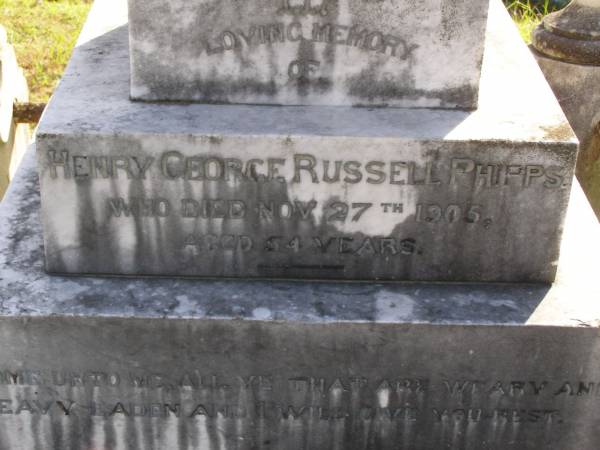 Henry George Russell Phipps  | 27 Nov 1905, aged 54  | Woodhill cemetery (Veresdale), Beaudesert shire  |   | 